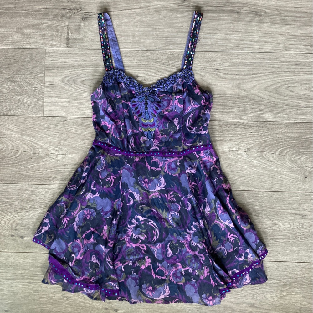 Free People purple sequin embroidered fit and flare mini dress size 8